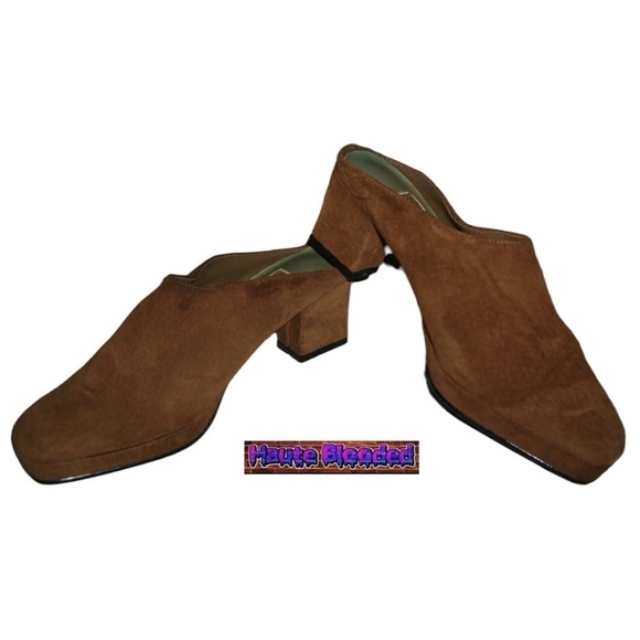 Vintage 90's Wild Pair Suede Tan Platform Slides Square Heels Mules Leather y2k - Picture 2 of 7